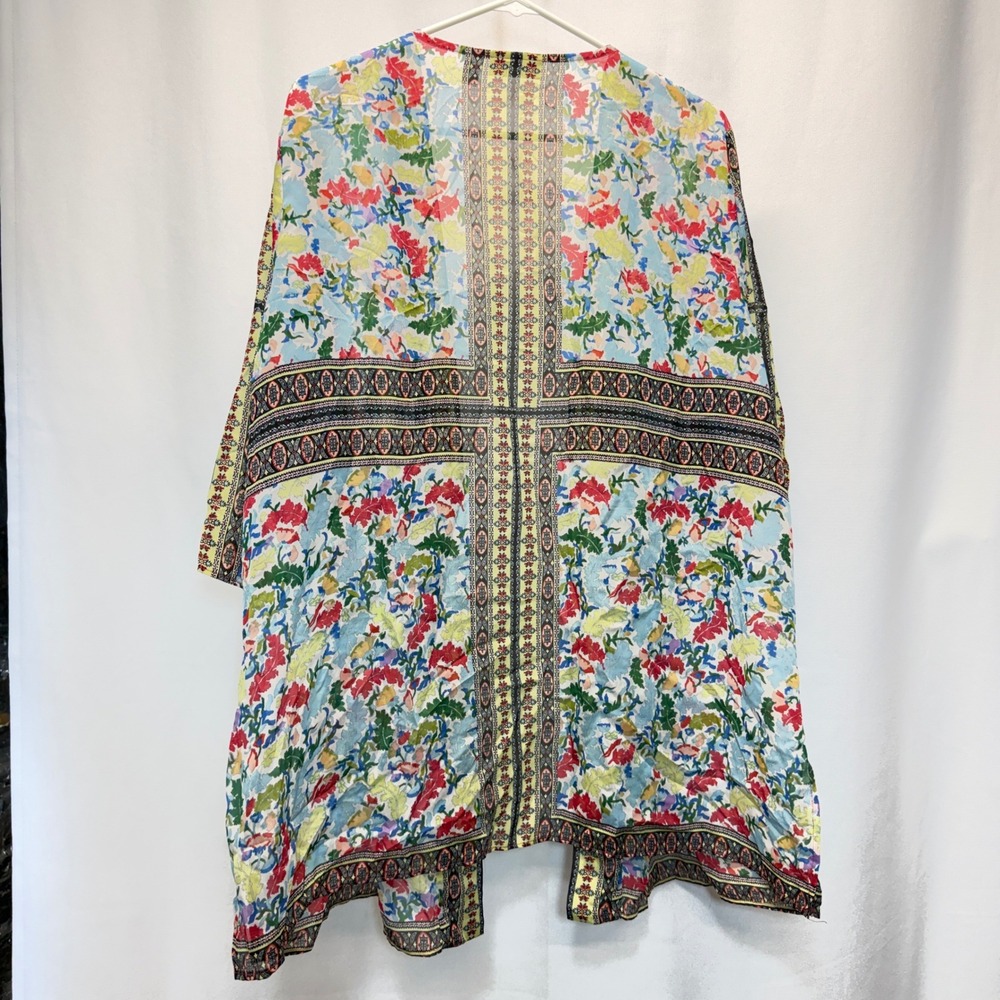 Susan Graver Kimono Women 1X Multicolor Floral Paisley Sheer Open Front Cover-Up